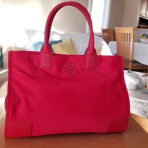 Tory Burch Ella Nylon Logo Tote Bag 13X17X6 Red